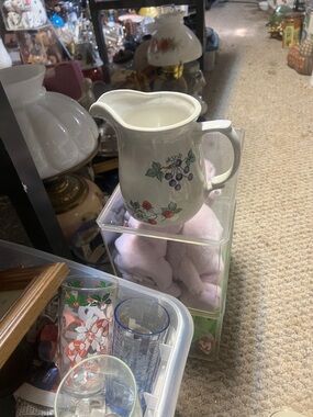Source Unknown White Ceramic Pitcher with Fruit Motif